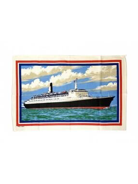 Vintage Cunard QE2 Queen Elizabeth 2 Irish Linen Tea Towel Ocean Liner Souvenir